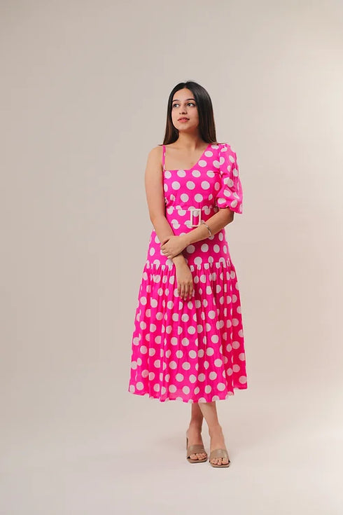 Pink And White Polka Dots Midi Dress